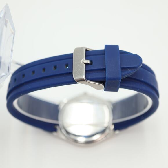 Kenneth Cole NY Mens Day Date Watch 37mm Silver Tone Blue Silicone w New Battery - Picture 13 of 16